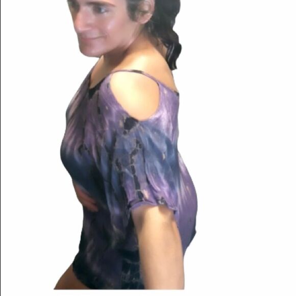Blue Spero Boho Purple Tie Dye Flowy Cold Shoulder Top USA Boutique Lani CA - Picture 9 of 9